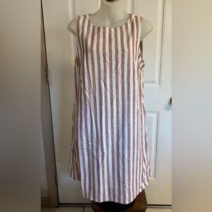 Med Old Navy Brown/White Stripe Sleeveless Linen-Blend Mini Shift Dress.  In EUC